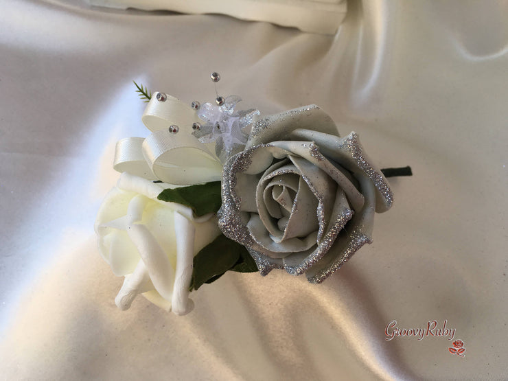 Silver Glitter & Dusky Pink Rose With Silver Babies Breath
