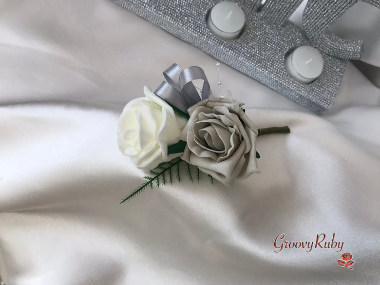 Mocha Pink & Silver Roses With Diamanté Silver Love Brooch