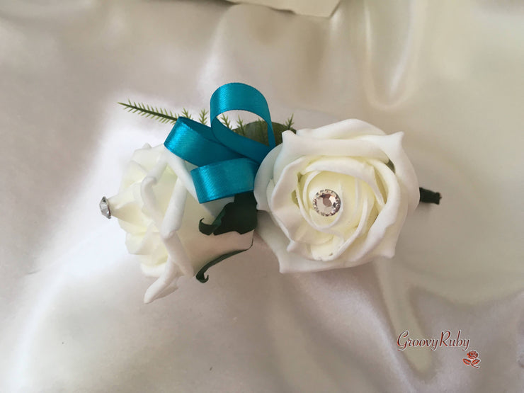 Rose Bouquets With Turquoise Satin Diamante Flowers