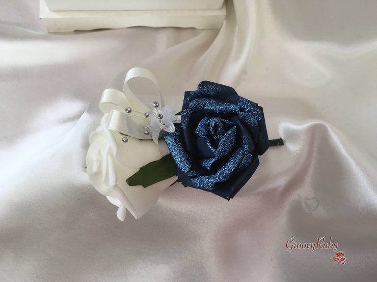 Navy Glitter Rose With Silver Babies Breath