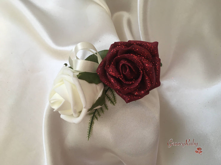 Burgundy Glitter Rose With Silver Babies Breath
