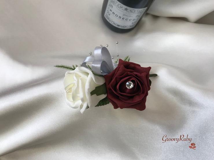 Burgundy & Silver Roses With Delicate Heart Brooch