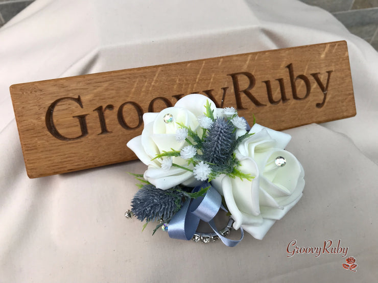 Dusty Blue Thistle With Foam Roses & Gypsophila