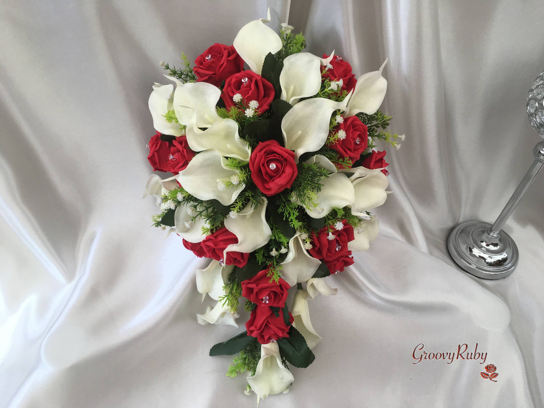 wedding bouquet red roses and white lilies Light Red Rose & Large Ivory Calla Lily – GroovyRuby Ltd