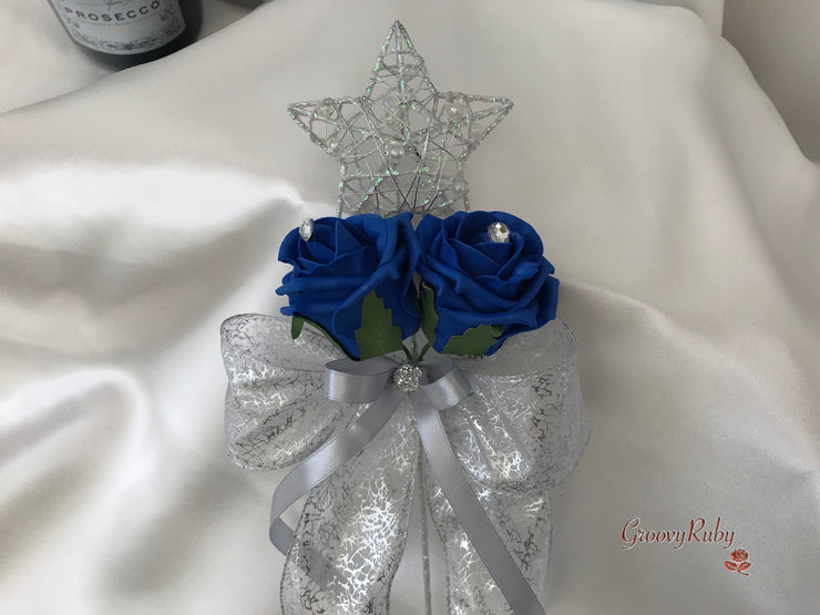 Royal Blue & Ivory Rose With Silver & Crystal Butterfly