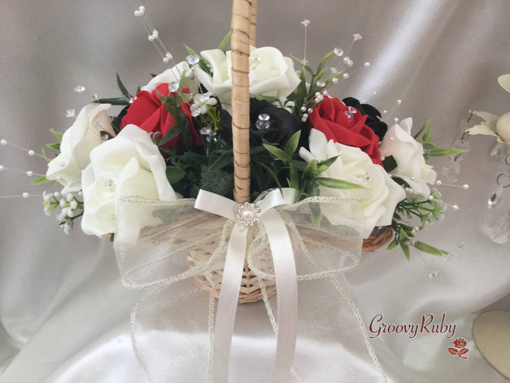 Black, Red & Ivory Rose With Foliage & Crystal Sprays