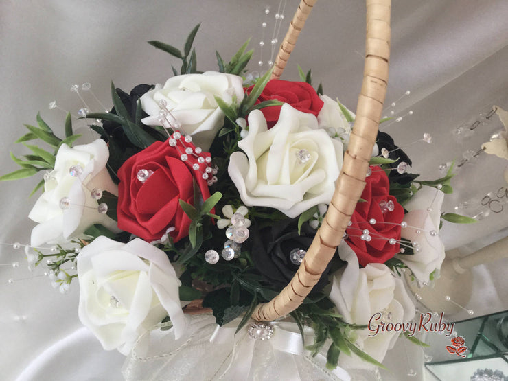 Black, Red & Ivory Rose With Foliage & Crystal Sprays