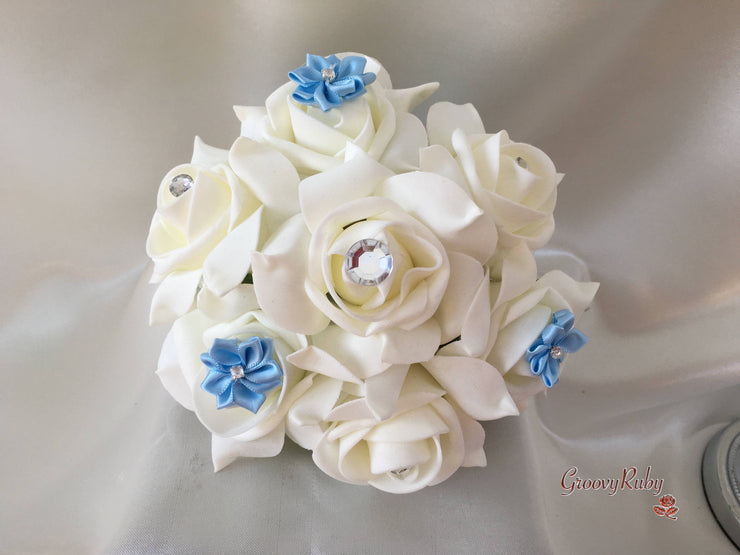 Rose Bouquets With Baby Blue Satin Diamante Flowers