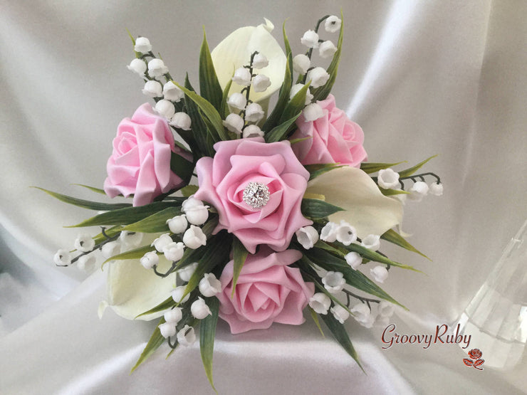 Baby Pink Rose, Lily of the Valley & Large Calla Lily With Diamante Brooch