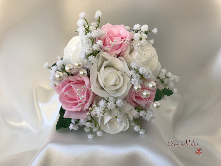 Baby Pink & Ivory Roses With Gypsophila & Pearl Sprays