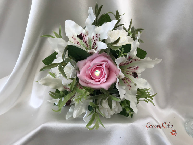 Small Tiger Lilies & Baby Pink Roses With Foliage