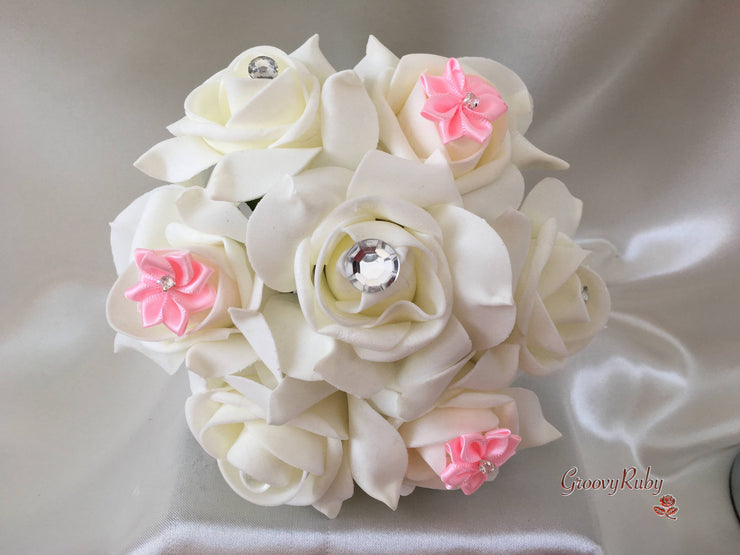 Rose Bouquets With Baby Pink Satin Diamante Flowers