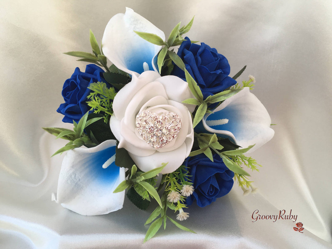 blue roses and white calla lilies bouquet White & Blue Centred Calla Lilies With Roses & Heart Brooch – GroovyRuby Ltd