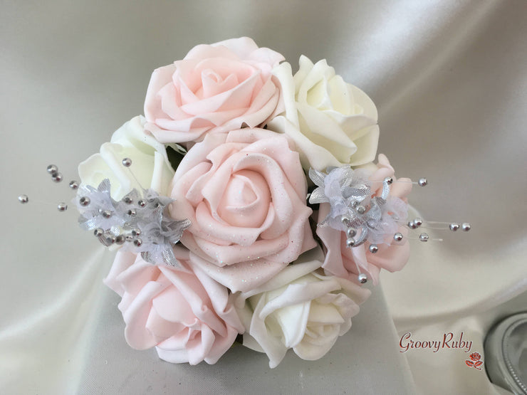Blush Pink Glitter Rose With Silver Babies Breath
