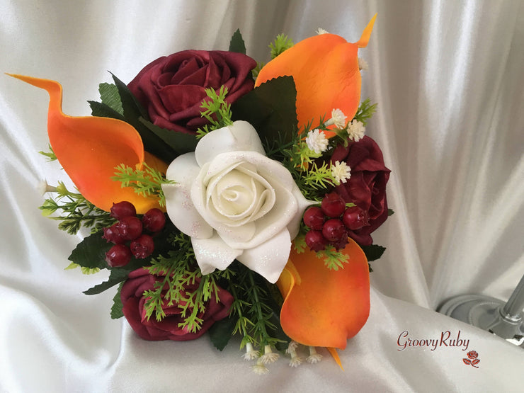Ivory Glitter Rose, Orange Calla Lily, Burgundy Rose & Berries