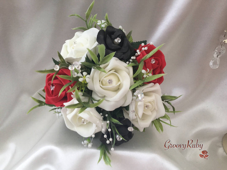 Black, Red & Ivory Rose With Foliage & Crystal Sprays
