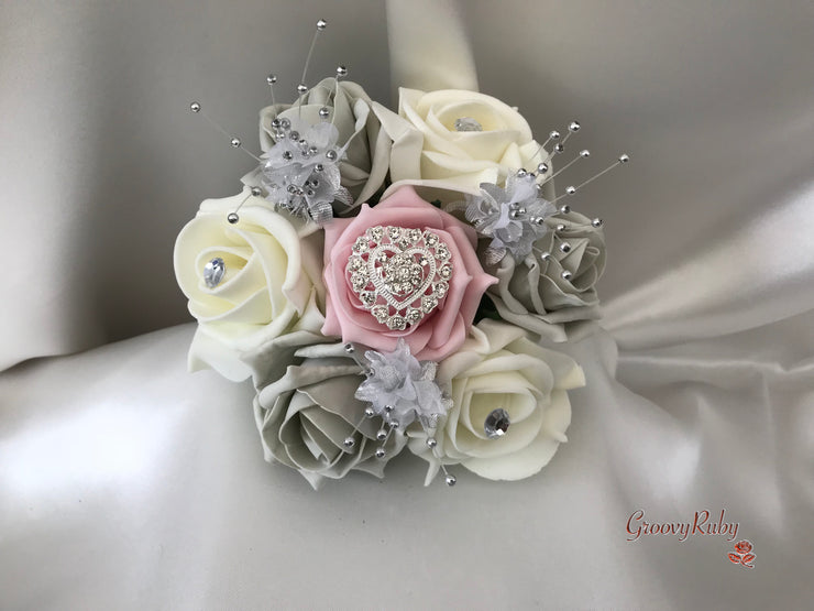 Dusky Pink & Silver Roses With Delicate Heart Brooch