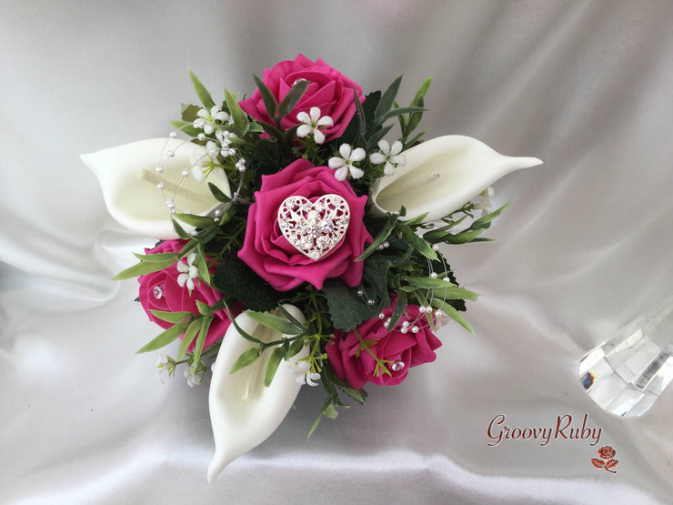 Hot Pink Rose & Calla Lily With Pearls & Diamante Heart Brooch