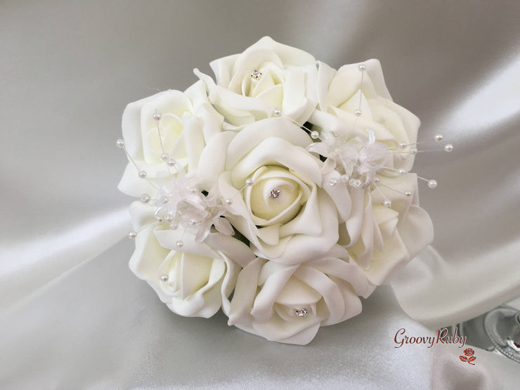 Ivory Rose Crystal With Ivory Pearl Babies Breath