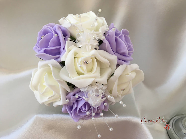 Lilac & Ivory Rose Crystal With Ivory Pearl Babies Breath