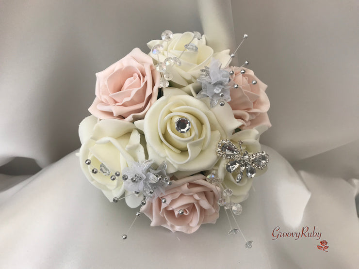 Mocha Pink & Ivory Rose With Silver & Crystal Butterfly