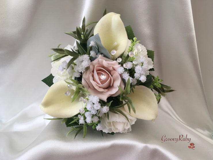 Mocha Pink Roses & Ivory Carnations With Calla Lily & Gypsophila
