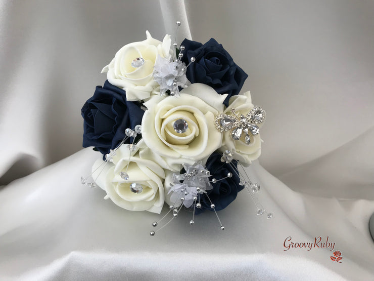 Navy & Ivory Rose With Silver & Crystal Butterfly