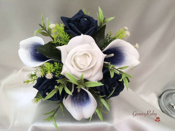 White & Navy Centred Calla Lilies With Roses
