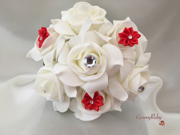 Rose Bouquets With Red Satin Diamante Flowers