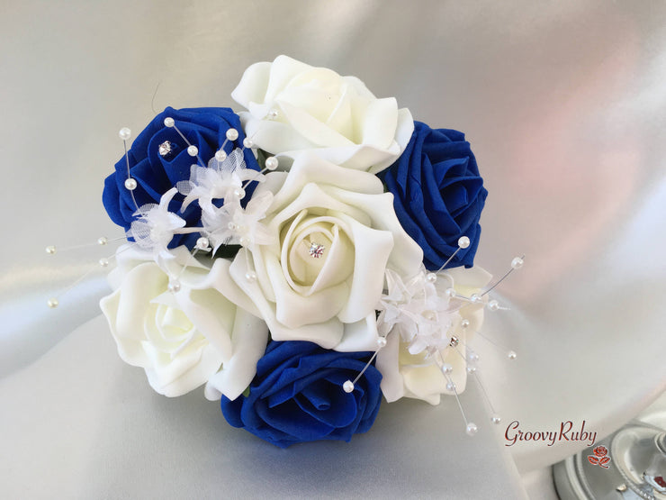 Royal Blue & Ivory Rose Crystal With Ivory Pearl Babies Breath