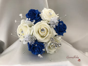 Royal Blue & Ivory Rose With Silver & Crystal Butterfly