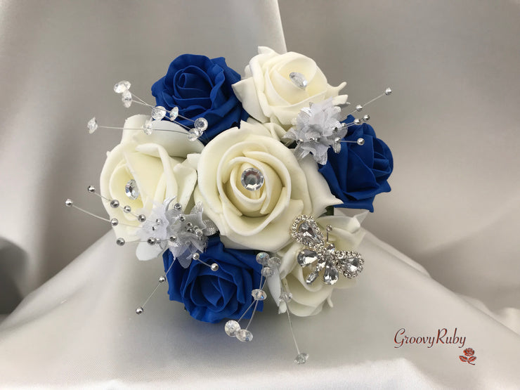 Royal Blue & Ivory Rose With Silver & Crystal Butterfly