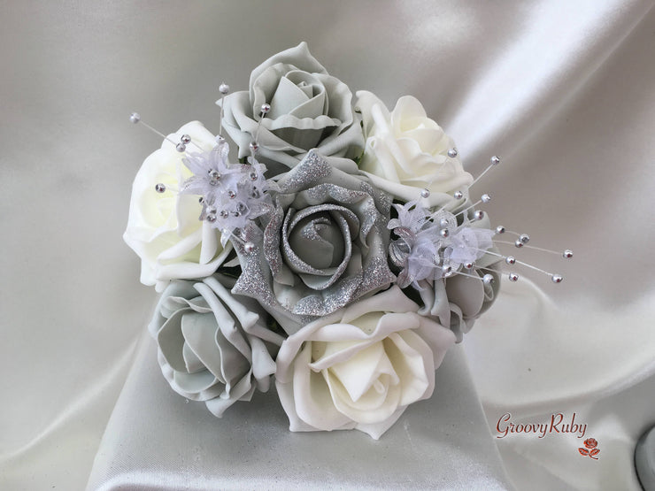 Silver Glitter Rose With Silver Babies Breath
