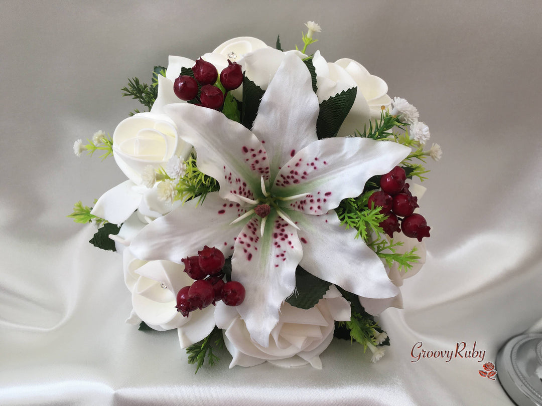 tiger lily bridal bouquet Small Tiger Lilies & Ivory Roses With Berries – GroovyRuby Ltd