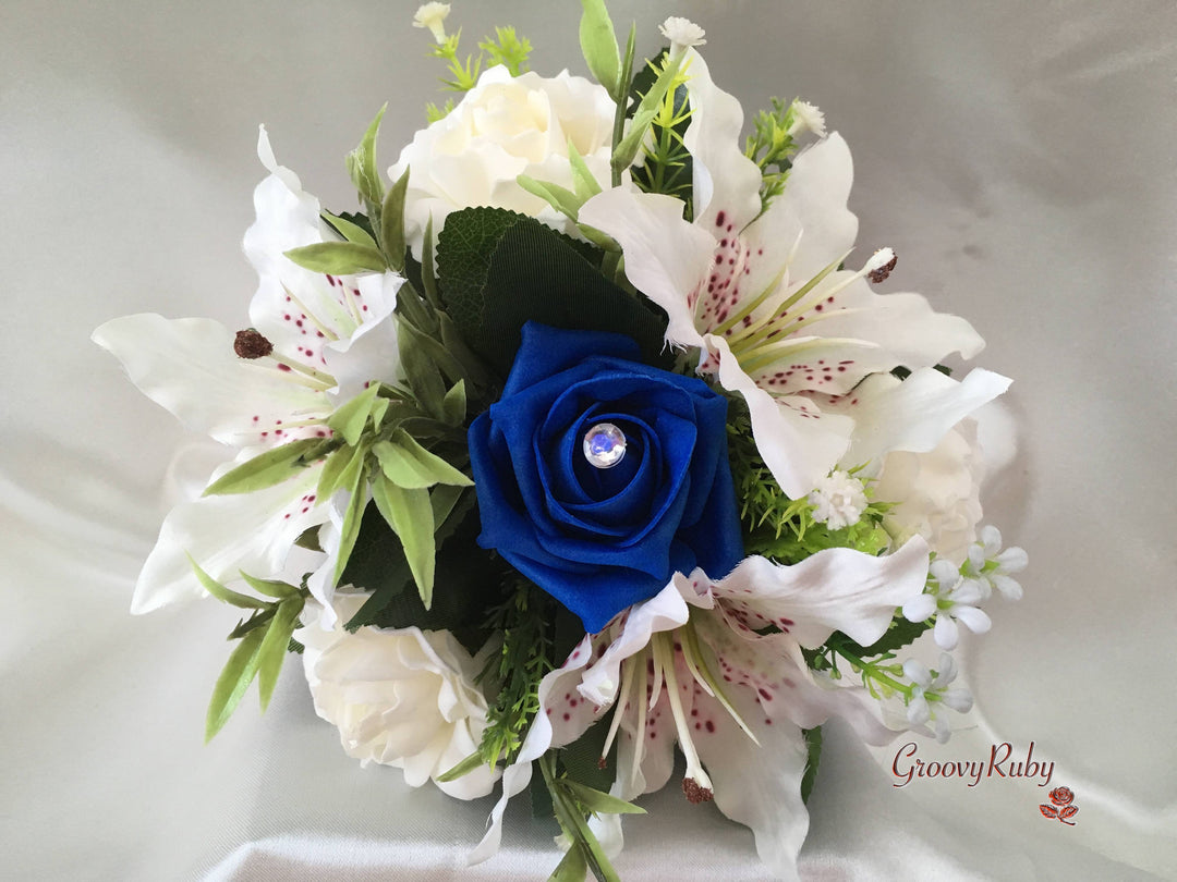 blue tiger lily silk flowers Small Tiger Lilies & Royal Blue Roses With Foliage – GroovyRuby Ltd