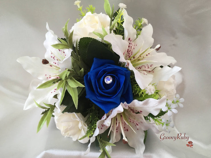 Small Tiger Lilies & Royal Blue Roses With Foliage