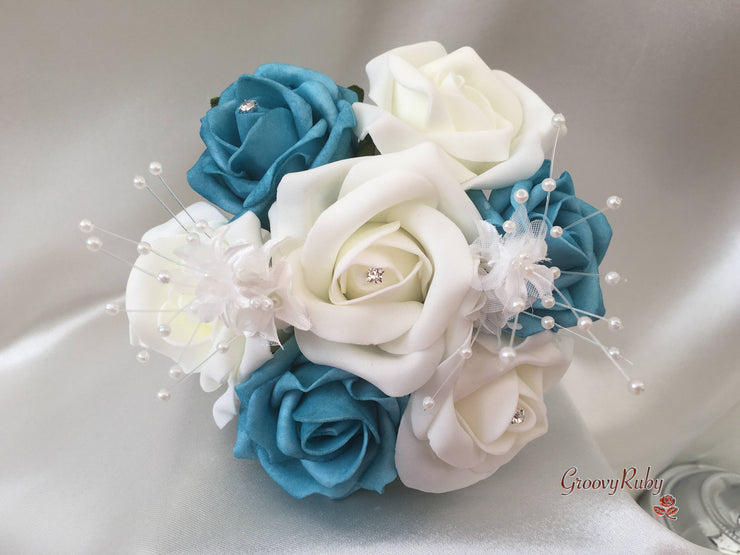 Turquoise & Ivory Rose Crystal With Ivory Pearl Babies Breath
