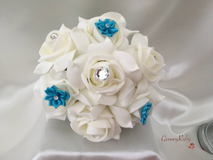 Rose Bouquets With Turquoise Satin Diamante Flowers