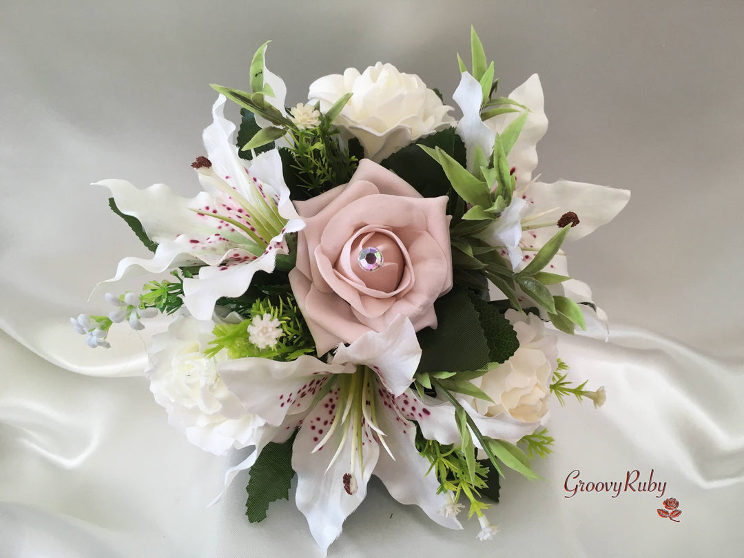 white roses and tiger lilies Small Tiger Lilies & Vintage Mocha Pink Roses With Foliage – GroovyRuby Ltd