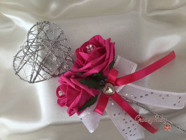 Hot Pink Rose & Calla Lily With Pearls & Diamante Heart Brooch