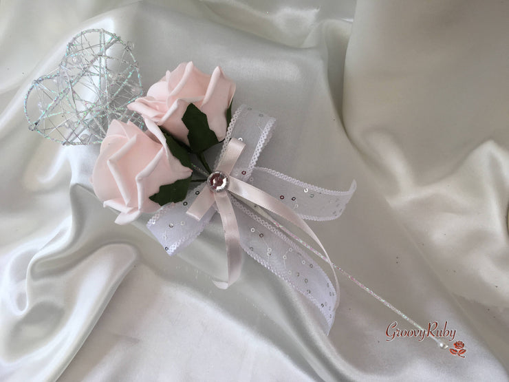 Blush Pink Rose & Large Ivory Calla Lilies With Crystal Butterfly Brooch