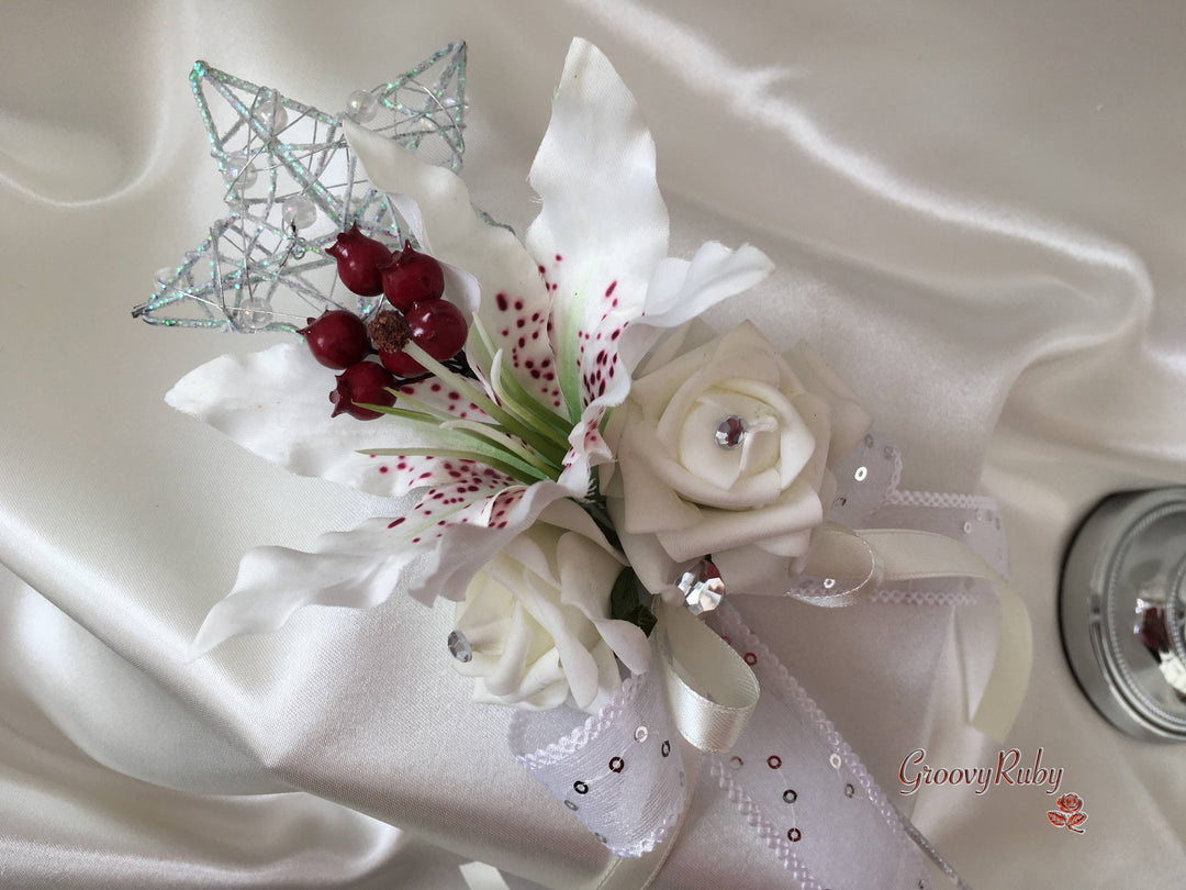 tiger lily wrist corsage Small Tiger Lilies & Ivory Roses With Berries – GroovyRuby Ltd