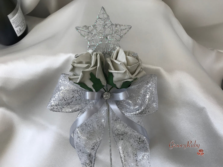 Grey & Ivory Rose With Silver & Crystal Butterfly
