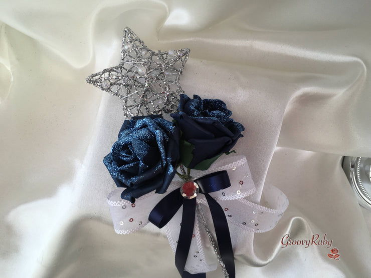 Navy Glitter Rose With Silver Babies Breath