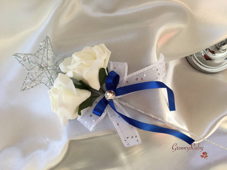 Royal Blue & Ivory Rose Crystal With Ivory Pearl Babies Breath