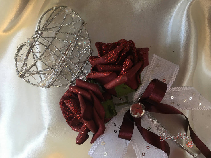 Burgundy Glitter Rose With Pearls & Pearl Diamante Brooch