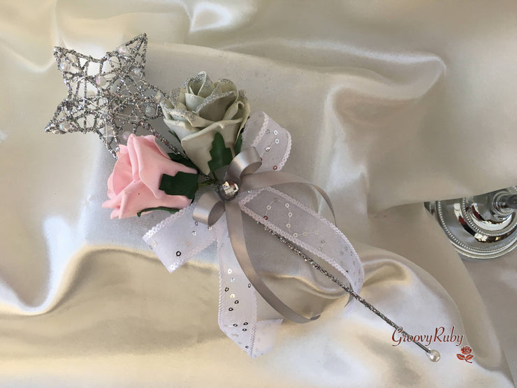 Silver Glitter & Dusky Pink Rose With Silver Babies Breath
