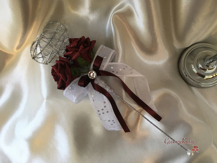 Burgundy Glitter Rose With Pearls & Pearl Diamante Brooch