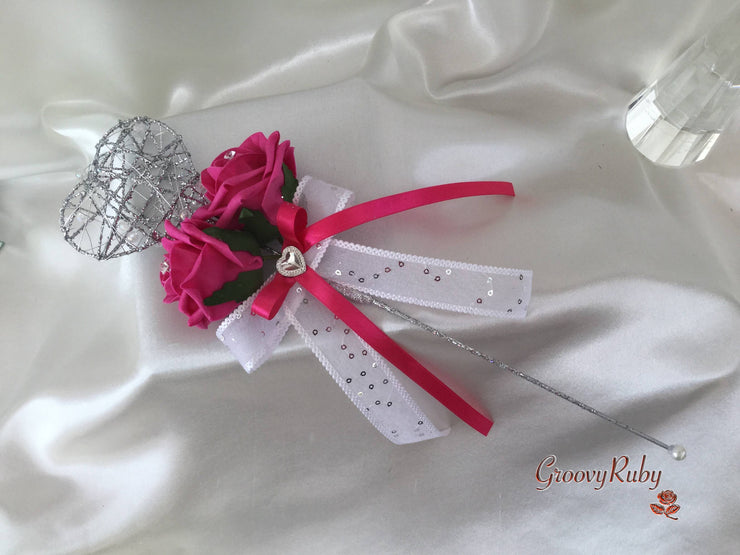 Hot Pink Rose & Calla Lily With Pearls & Diamante Heart Brooch