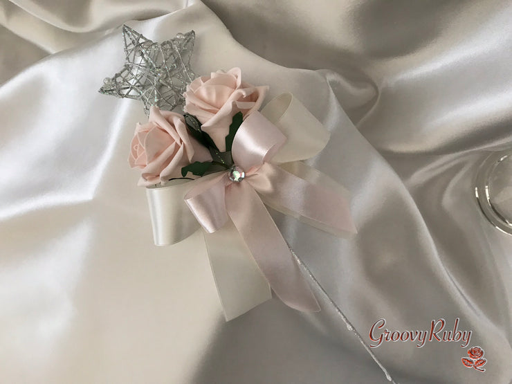 Mocha Pink & Ivory Rose With Foliage, Gypsophila & Crystal Sprays